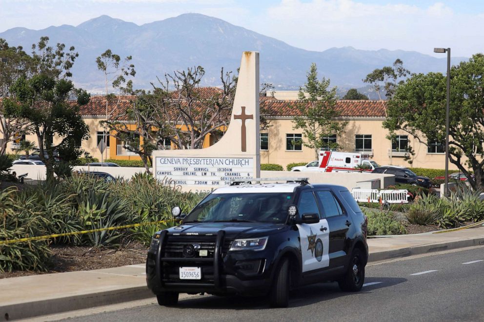 PHOTO: A police car is seen after a deadly shooting at Geneva Presbyterian Church in Laguna Woods, Calif., May 15, 2022. 