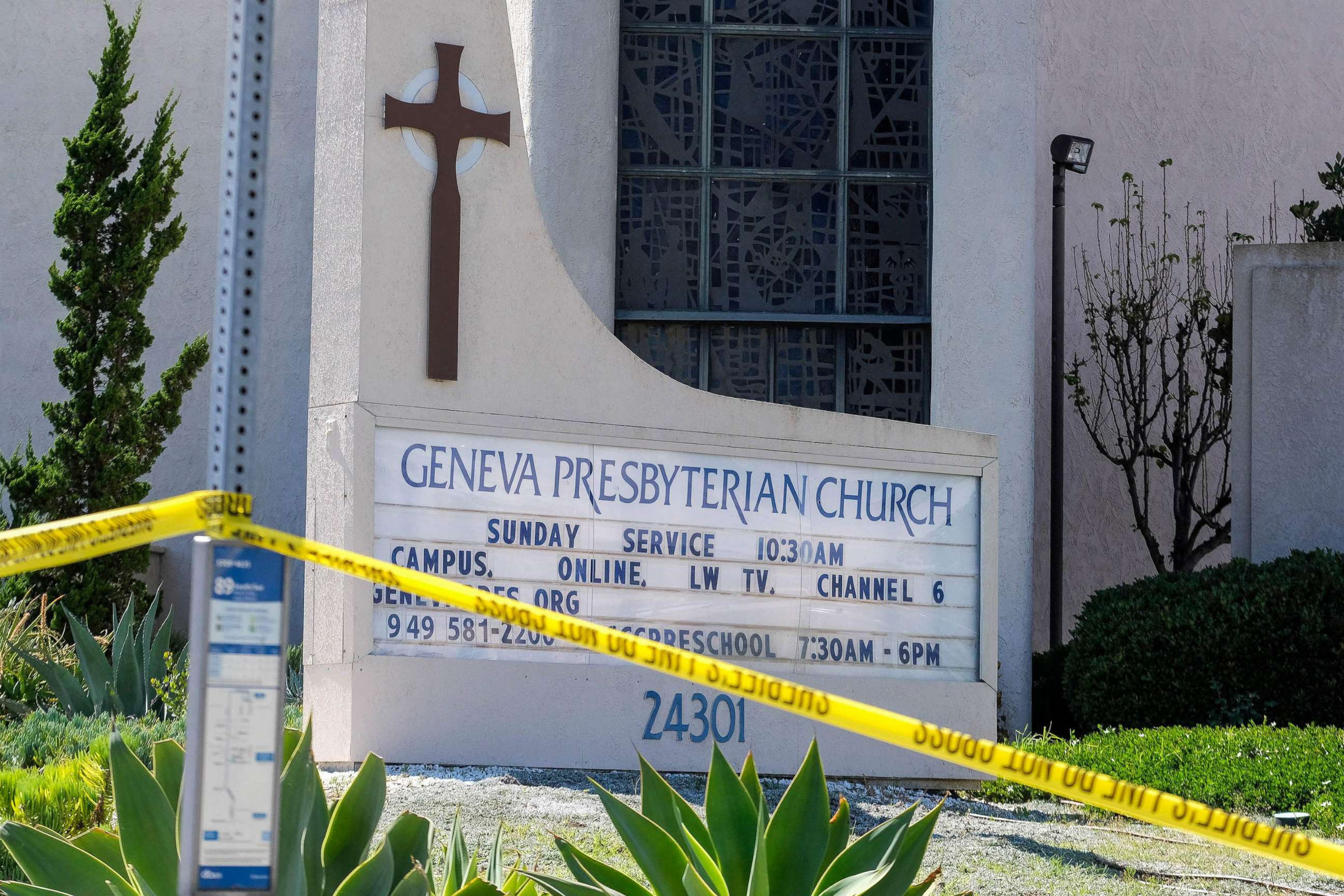 PHOTO: A police yellow tape is seen after a shooting inside Geneva Presbyterian Church in Laguna Woods, Calif., May 15, 2022.