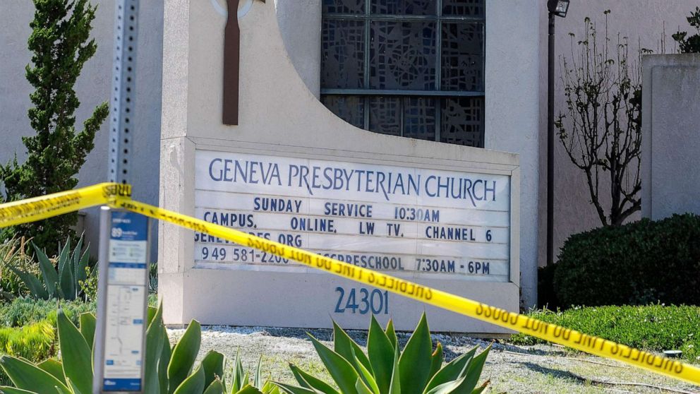 PHOTO: A police yellow tape is seen after a shooting inside Geneva Presbyterian Church in Laguna Woods, Calif., May 15, 2022.