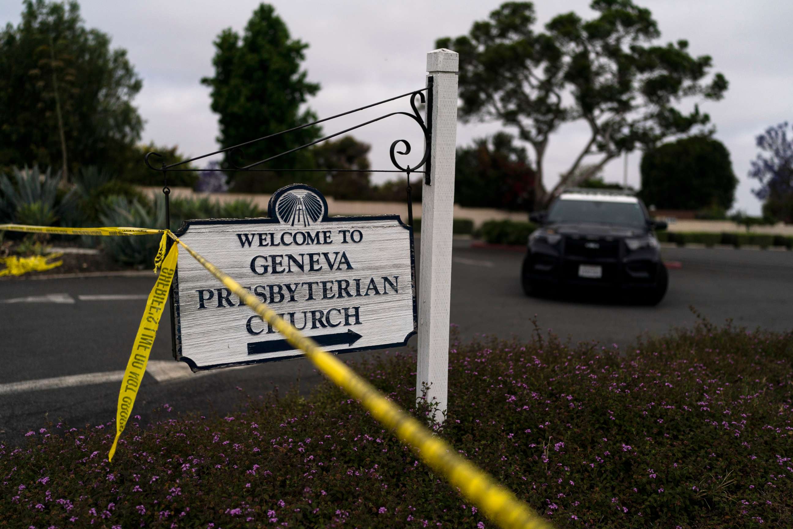 PHOTO: A police tape blocks off the entrance to the parking lot of Geneva Presbyterian Church in Laguna Woods, Calif., May 16, 2022.