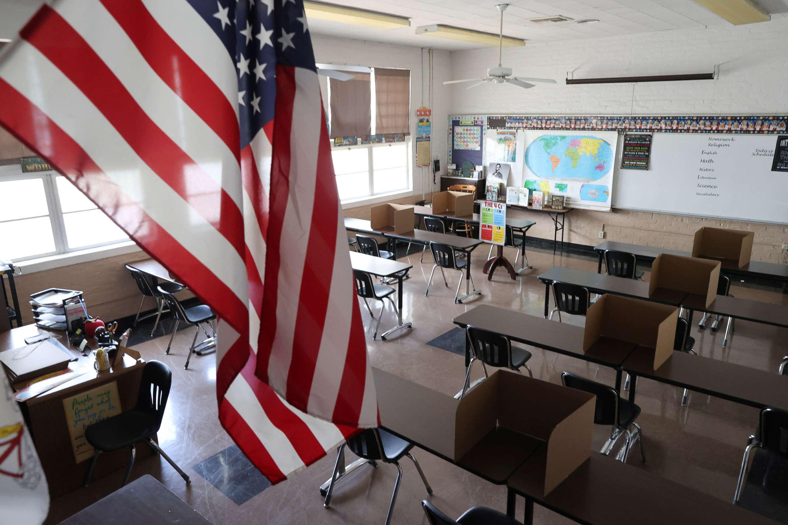 PHOTO: Social distancing dividers for students are seen in a classroom at St. Benedict School, amid the outbreak of COVID-19, in Montebello, near Los Angeles, July 14, 2020.