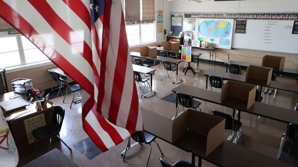 PHOTO: Social distancing dividers for students are seen in a classroom at St. Benedict School, amid the outbreak of COVID-19, in Montebello, near Los Angeles, July 14, 2020.