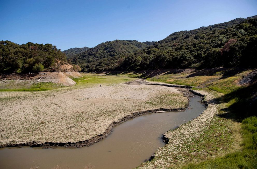 PHOTO: An aerial view shows drought-stricken Stevens Creek Reservoir, currently at 18 percent capacity, in Cupertino, Calif., May 20, 2021.