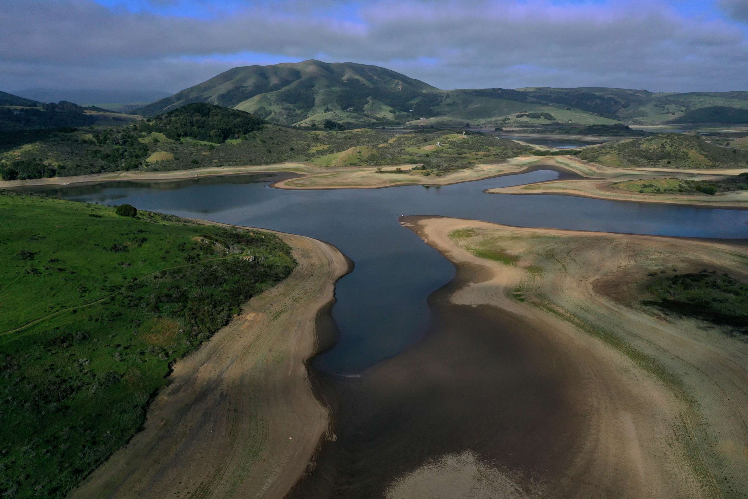 PHOTO: In an aerial view, low water levels are visible at Nicasio Reservoir on April 23, 2021, in Nicasio, Calif.