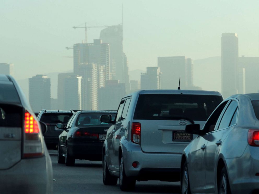 PHOTO: Commuters navigate early morning traffic as they drive towards downtown Los Angeles, July 22, 2019.