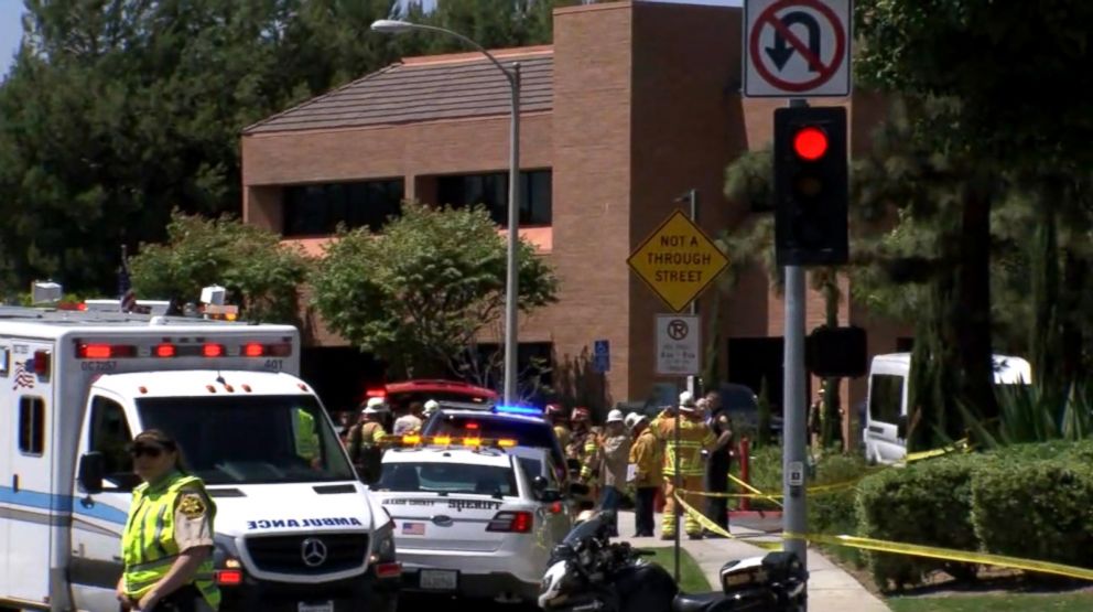 PHOTO: Firefighters and first responders at the scene of a building explosion in Aliso Viejo, Calif., May 15, 2018.