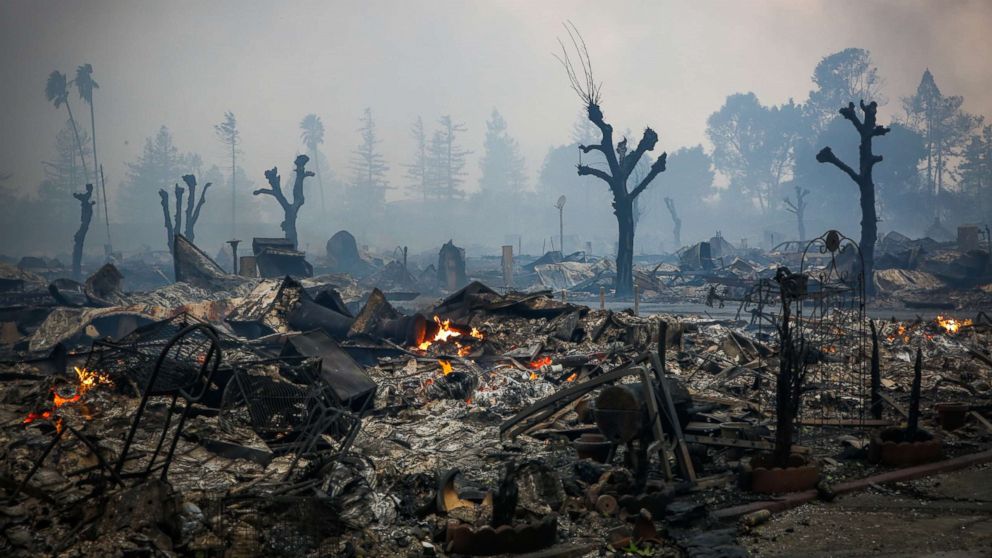 Homes are seen burnt to the ground after a fire tore through the Journey's End mobile home park on Mendocino Avenue in Santa Rosa, Calif., Oct. 9, 2017.