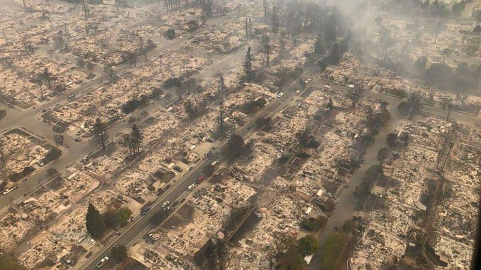 PHOTO: An aerial image of a destroyed neighborhood in Santa Rosa, Calif., Oct. 9, 2017.