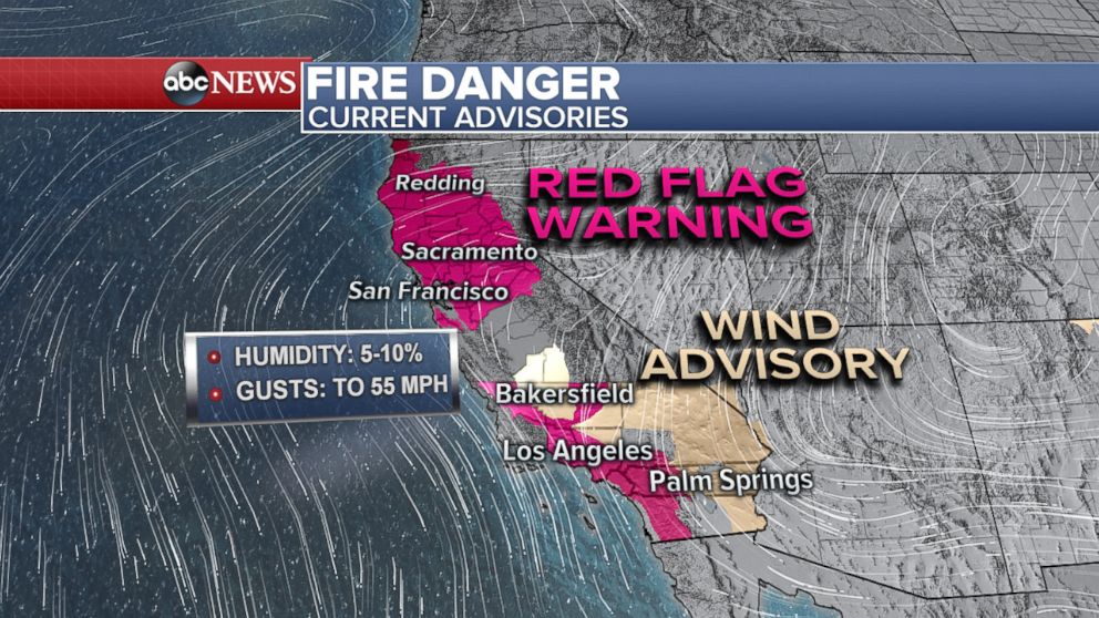 PHOTO: A map shows the areas of California threatened by wildfires as of Oct. 9, 2017.