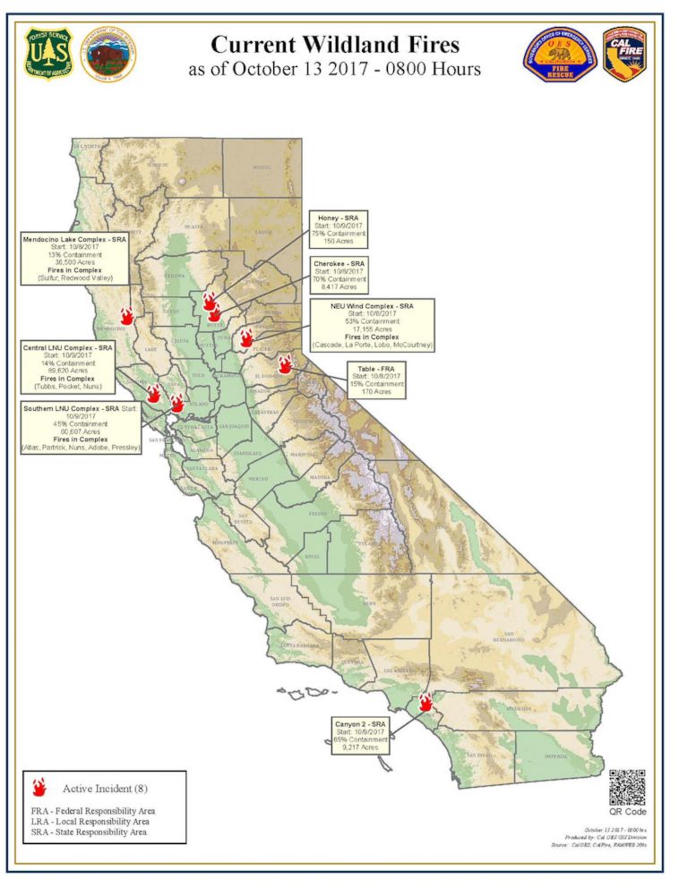 PHOTO: Statewide wildfires map for California, Oct. 13, 2017.