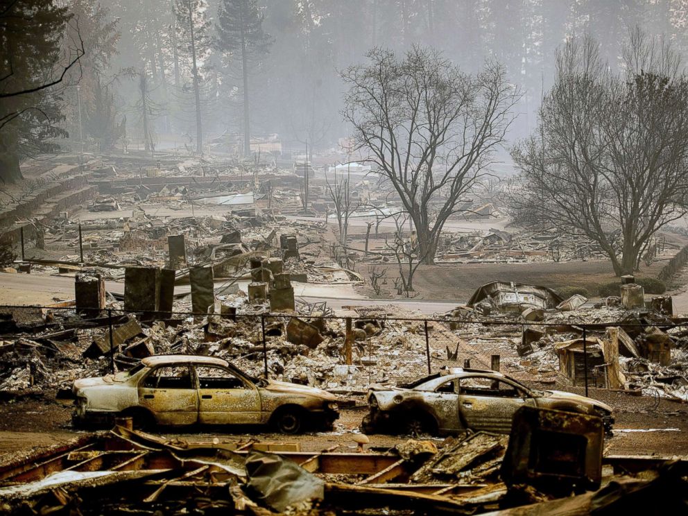 PHOTO: Homes leveled by the Camp Fire line a development on Edgewood Lane in Paradise, Calif., Nov. 12, 2018.