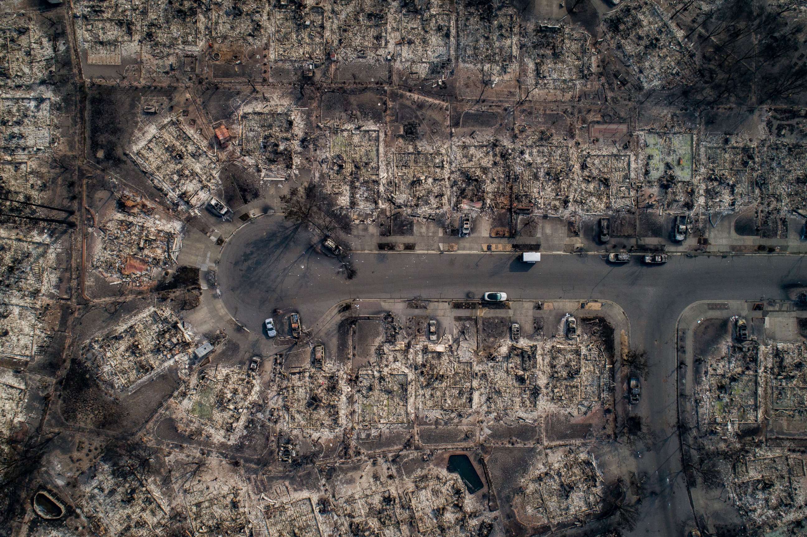 PHOTO: An aerial view of homes burned by wildfire in the Coffey Park neighborhood of Santa Rosa, Calif., Oct. 10, 2017. Fires charred countless acres in California's wine country.