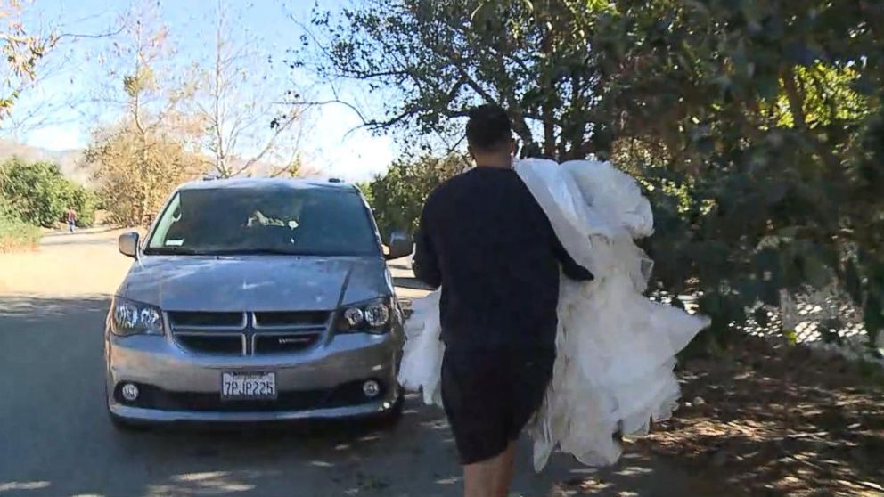 PHOTO: Despite a mandatory evacuation, Anthony and Lenay Bavero returned to their Santa Paula home in the midst of raging wildfires to retrieve Lenay's wedding dress and other important items. 