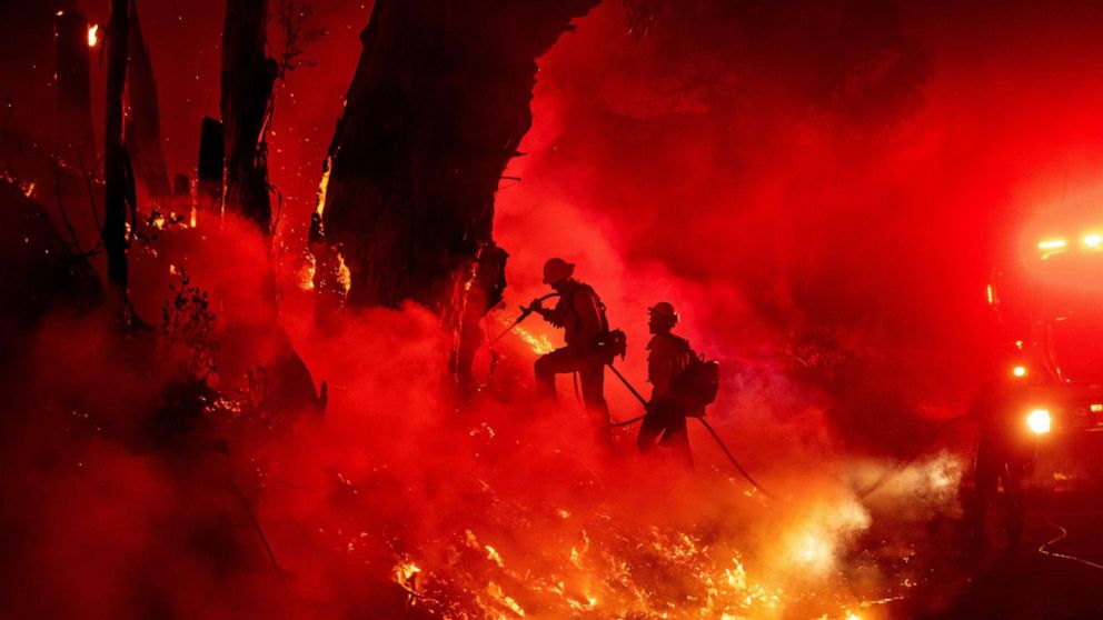 PHOTO: Firefighters work to control flames from a backfire during the Maria fire in Santa Paula, Calif., Nov. 1, 2019.