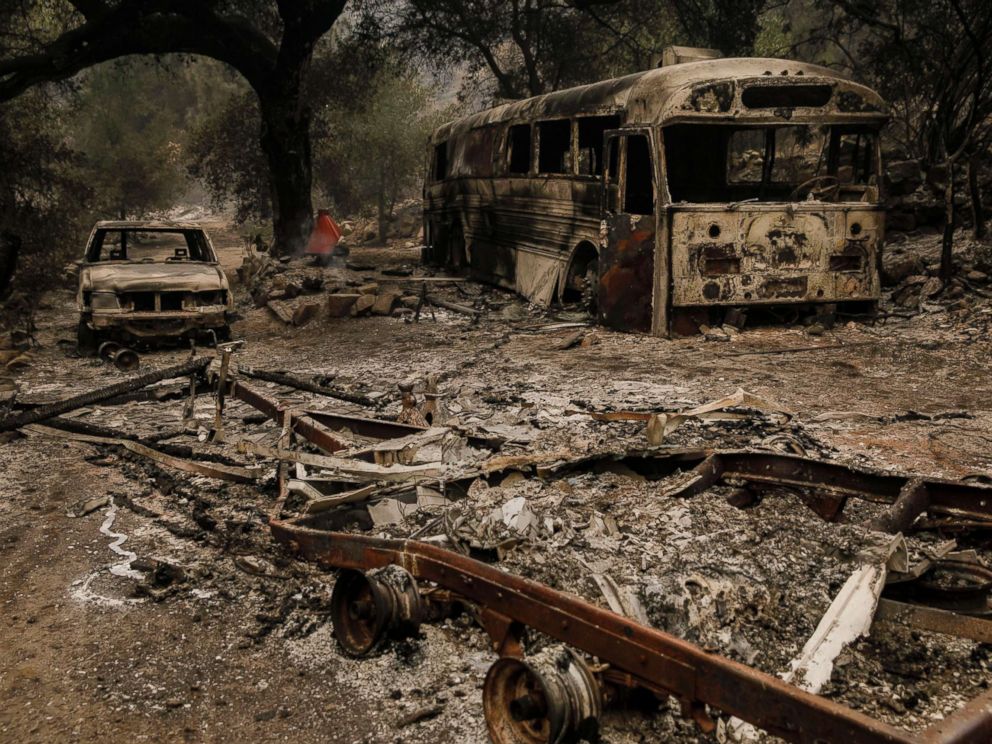 PHOTO: The remnants are seen after brush fire swept through residential neighborhoods on Maripoca Highway near Ojai, Calif., Dec. 8, 2017.