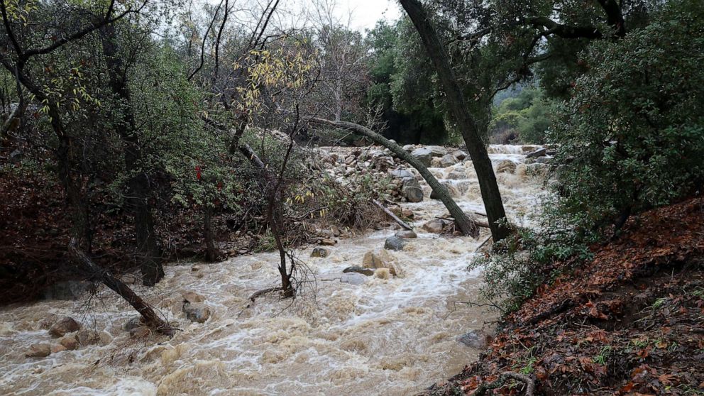 PHOTO: The usually dry river bed has become a raging stream on Jan. 10, 2023, after flash flooding ripped through the Los Padres National Forest in Santa Barbara, Calif.