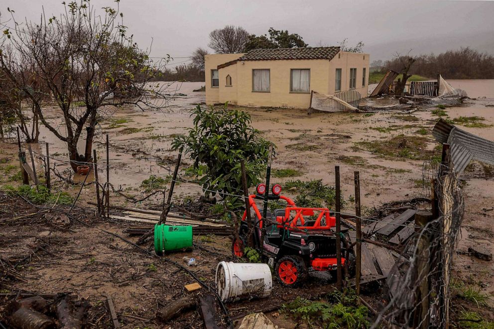 PHOTO: Flood waters inundate a home by the Salinas River near Chualar, California, Jan. 14, 2023, as a series of atmospheric river storms continue to cause widespread destruction across the state.