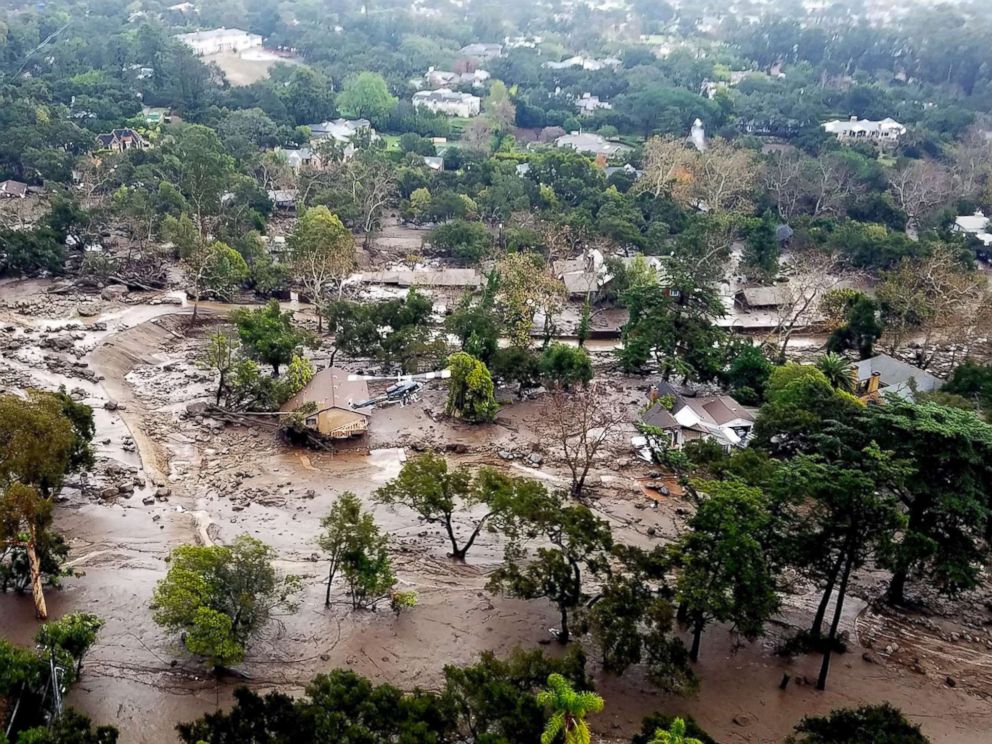 PHOTO: A handout photo made available by the Santa Barbara County Fire Department shows an aerial view taken aboard Santa Barbara County Air Support Units Fire Copter 308 of mudflow and damage following heavy rains in Montecito, Calif., Jan. 10, 2018.