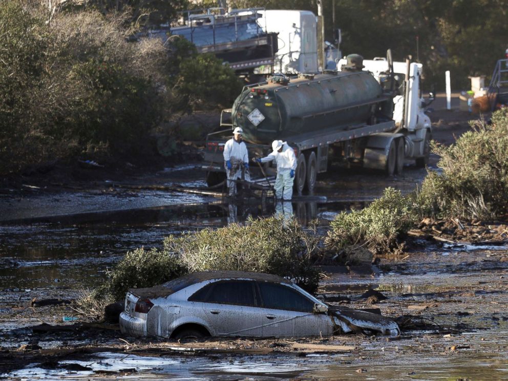 PHOTO: Crews pump mud on Highway 101 after a mudslide, Jan. 13, 2018, in Montecito, Calif.