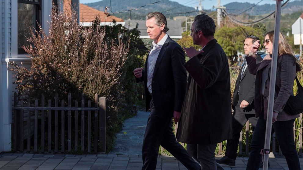 PHOTO: California Governor Gavin Newsom arrives for a briefing, the day after a mass shooting at two locations in the coastal city of Half Moon Bay, Calif., Jan. 24, 2023.