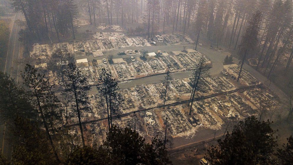 PHOTO: Residences leveled by the wildfire line a neighborhood in Paradise, Calif., Nov. 15, 2018.