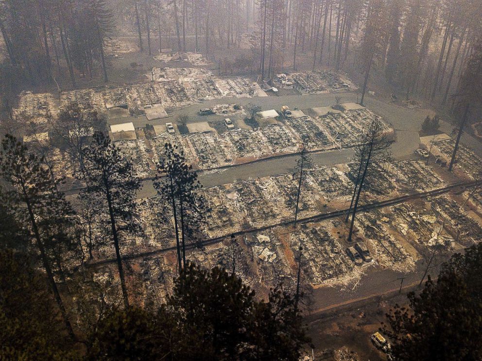 PHOTO: Residences leveled by the wildfire line a neighborhood in Paradise, Calif., Nov. 15, 2018.