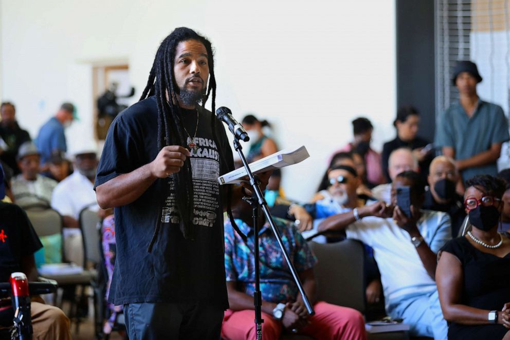 PHOTO: In this Sept. 22, 2022, file photo, Christian Flagg speaks during the California Reparations Task Force meeting to hear public input on reparations at the California Science Center in Los Angeles.