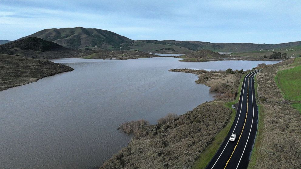 PHOTO: In an aerial view, the Nicasio Reservoir is seen at 100 percent capacity after a series of atmospheric river events drenched Northern California, on Jan. 12, 2023, in Nicasio, Calif.