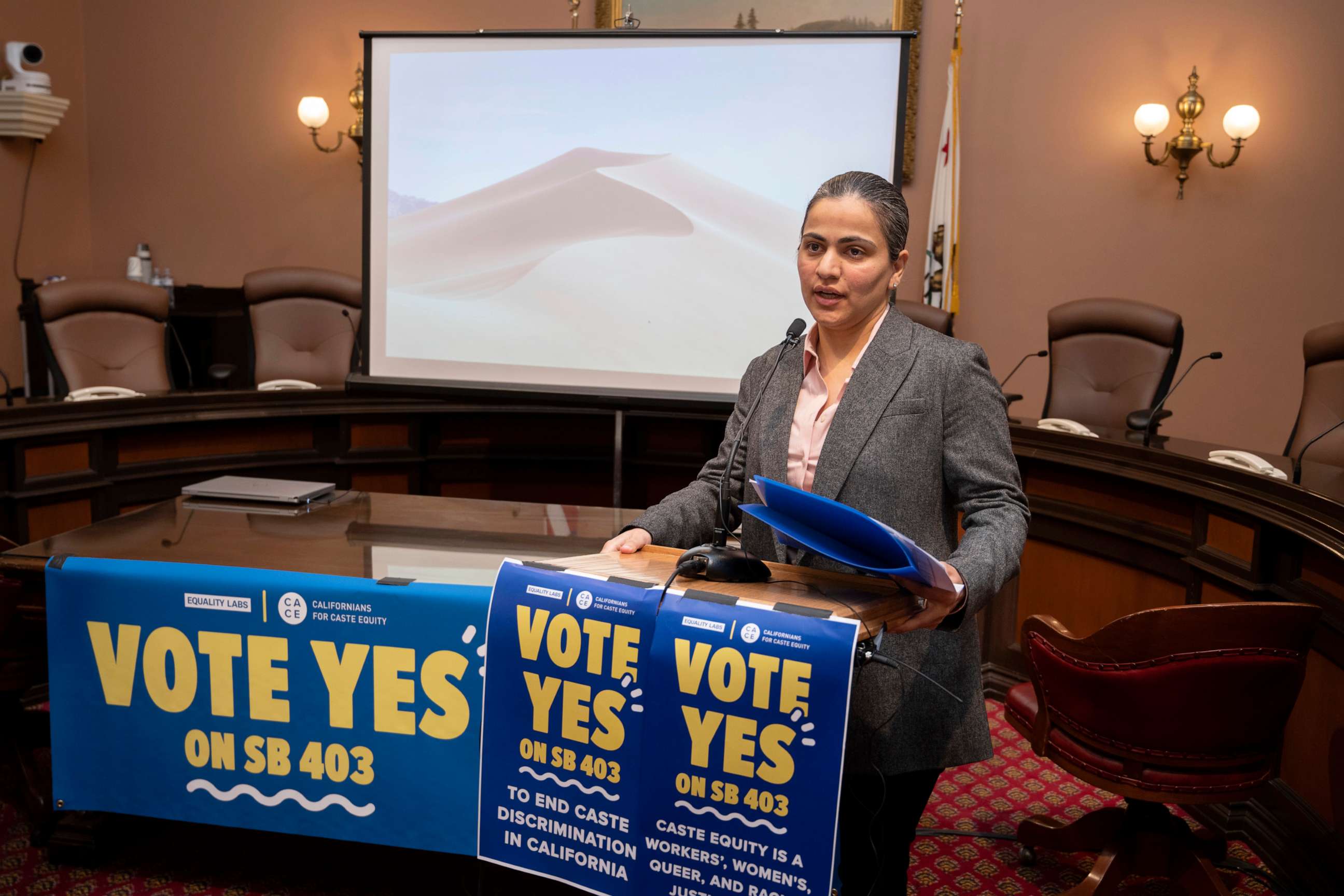 PHOTO: California State Sen. Aisha Wahab proposes SB 403, a bill which adds caste as a protected category in the state's anti-discrimination laws, in Sacramento, Calif., March 22, 2023.