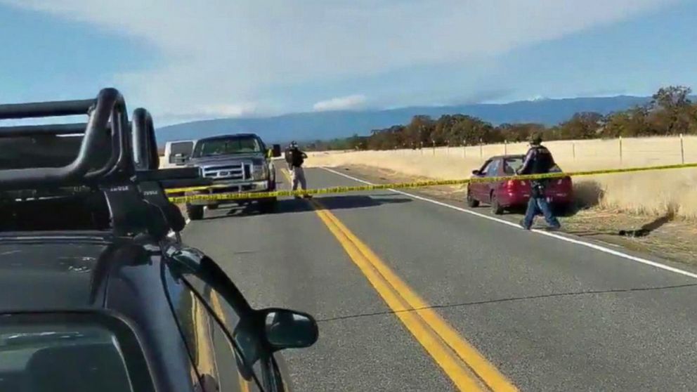 PHOTO: Cars are blocked on the road in northern California where several shootings have taken place, Nov. 14, 2017. 