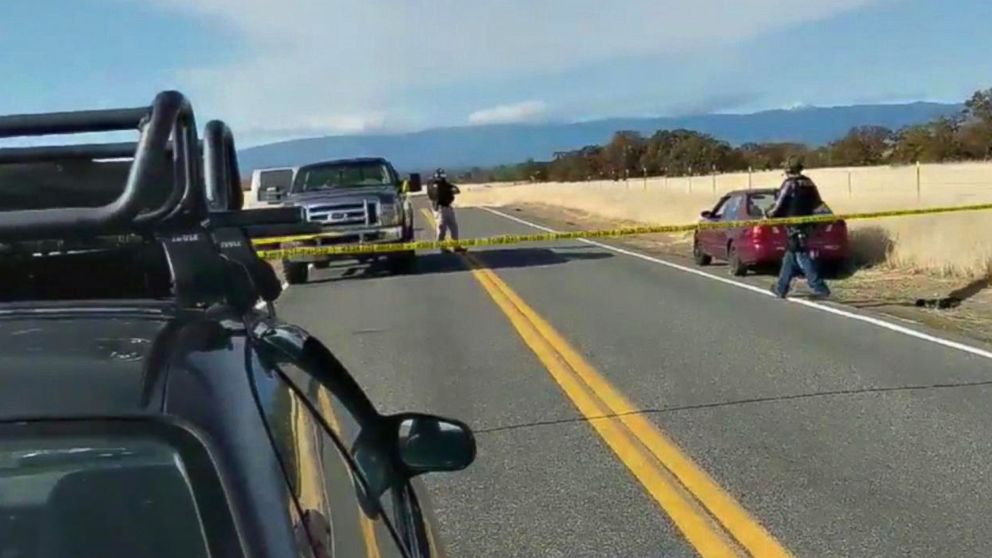 PHOTO: Cars are blocked on the road in northern California where several shootings have taken place, Nov. 14, 2017. 