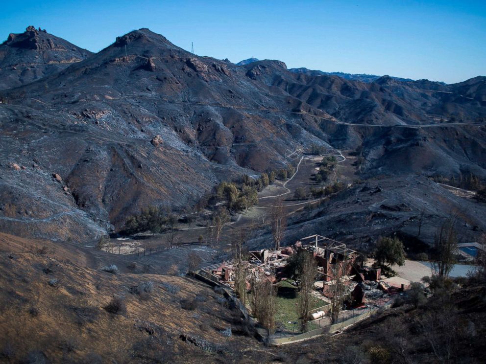 PHOTO: The Santa Monica Mountains are visible blackened by the Woolsey Fire near Malibu, California on November 14, 2018.