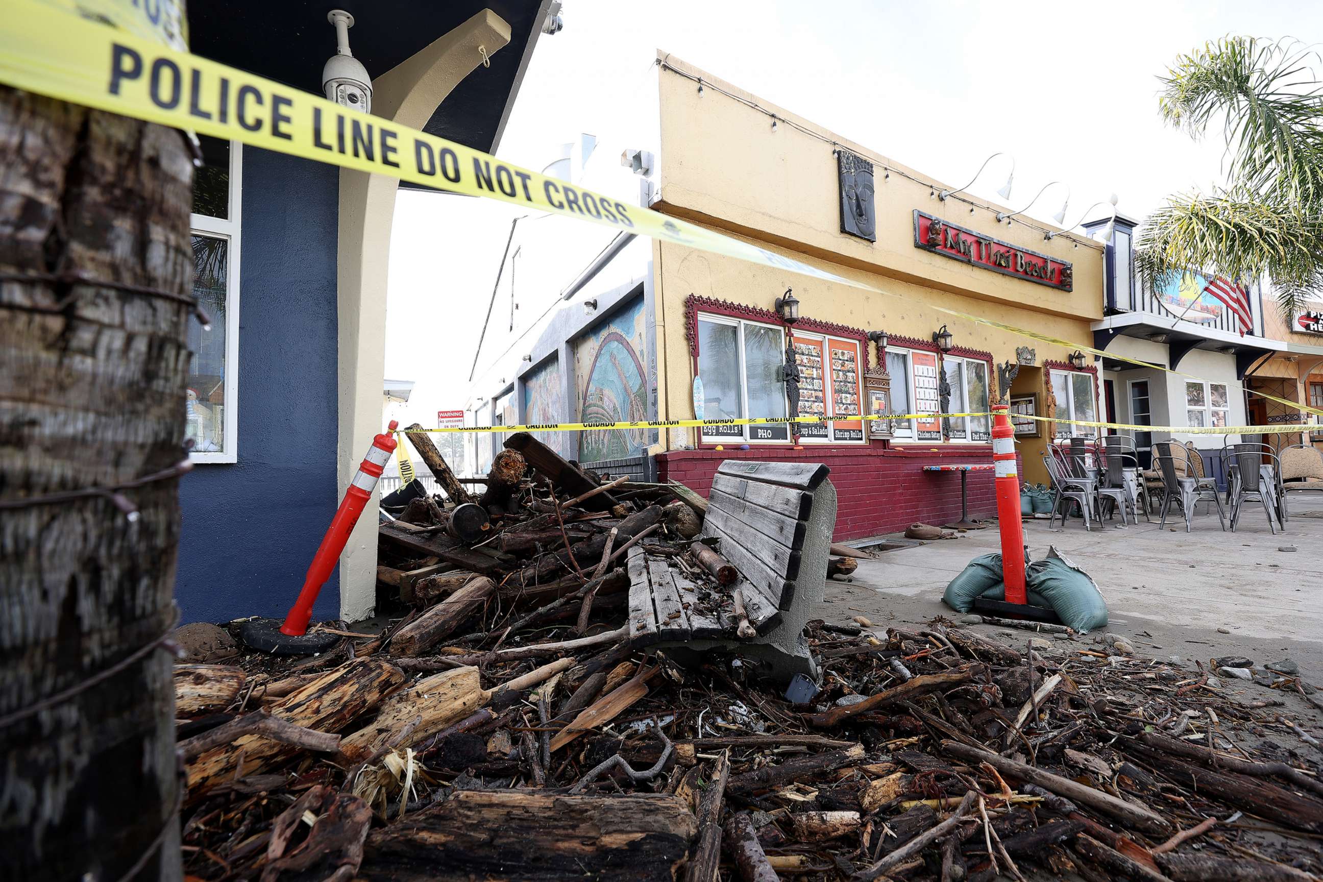 PHOTO: Debris is seen piled up in front of a restaurant following a massive storm that hit the area on Jan. 6, 2023, in Capitola, Calif.