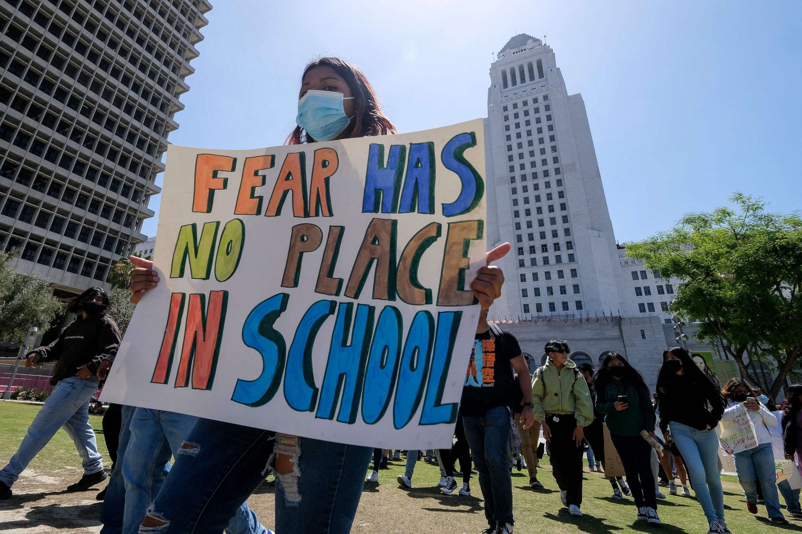 PHOTO: Students participate in a school walk-out and protest in front of City Hall to condemn gun violence, in Los Angeles, May 31, 2022.