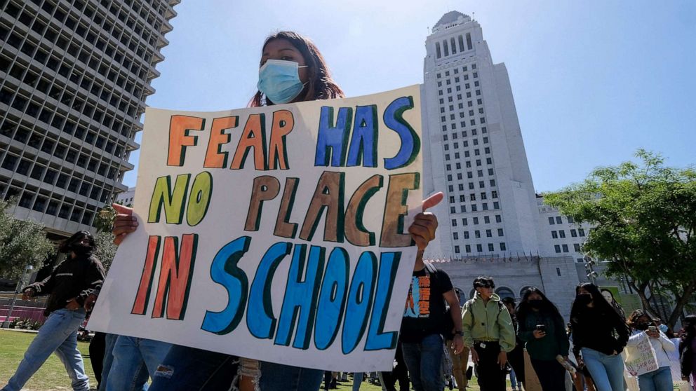 PHOTO: Students participate in a school walk-out and protest in front of City Hall to condemn gun violence, in Los Angeles, May 31, 2022.