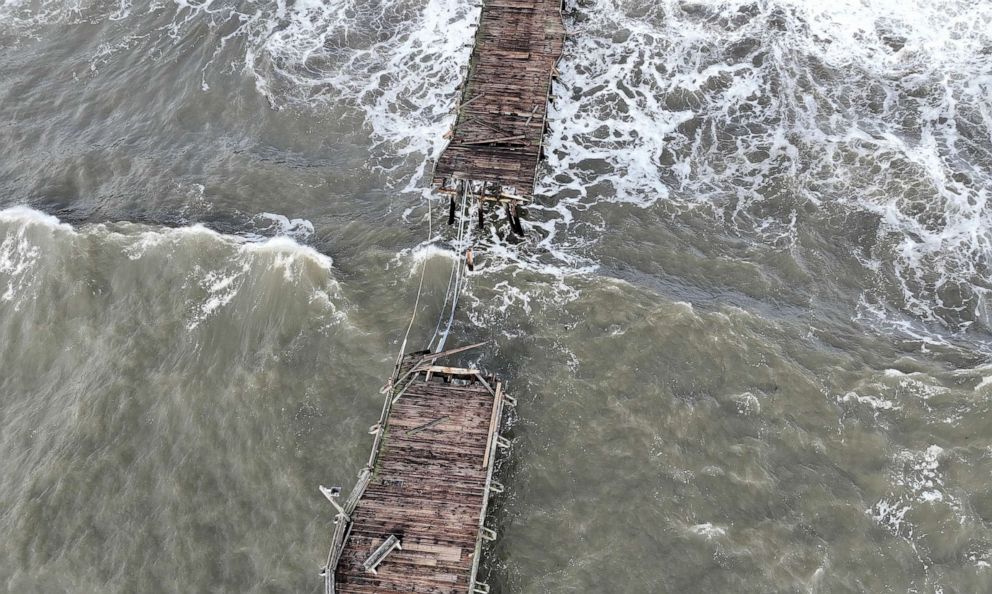 PHOTO: In an aerial view, damage is visible on the Capitola Wharf following a powerful winter storm, Jan. 06, 2023 in Capitola, California.