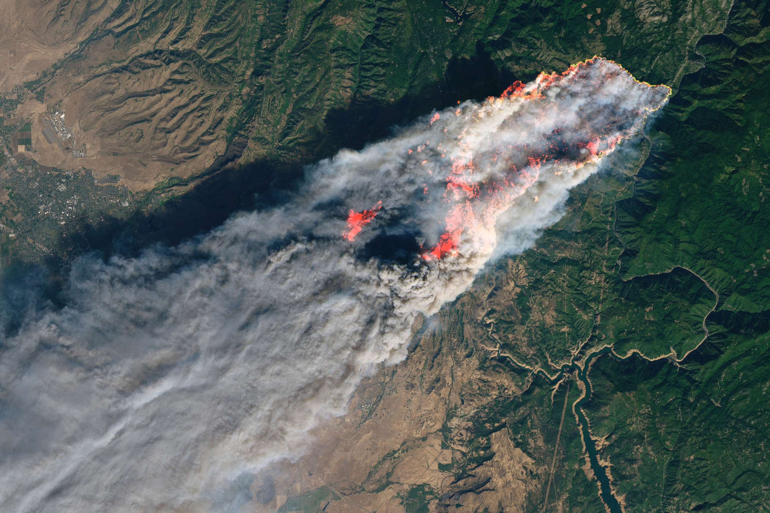 PHOTO: This enhanced satellite image provided by NASA's Earth Observatory, shows a wildfire in Paradise, Calif., on Thursday, Nov. 8, 2018.
