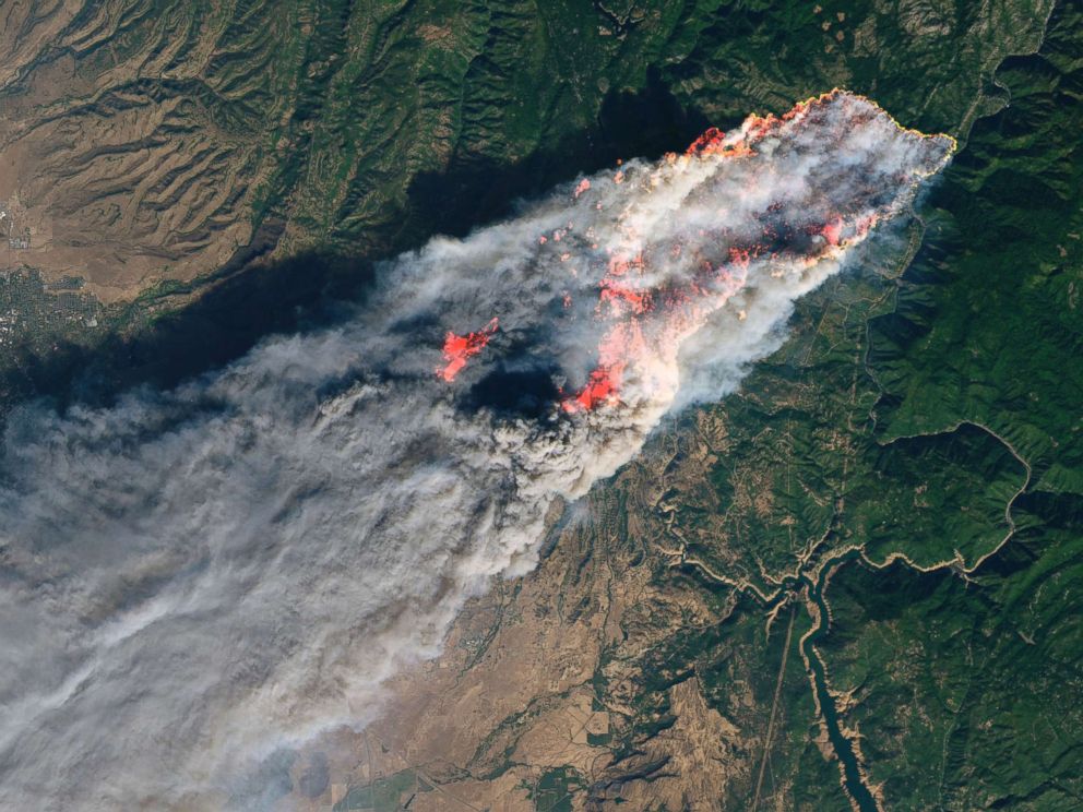 PHOTO: This enhanced satellite image provided by NASAs Earth Observatory, shows a wildfire in Paradise, Calif., on Thursday, Nov. 8, 2018.