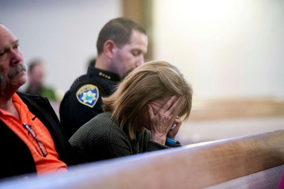 PHOTO: Paradise Town Manager Lauren Gill cries during a vigil for Camp Fire victims on  Nov. 18, 2018, at the First Christian Church of Chico in Chico, Calif.