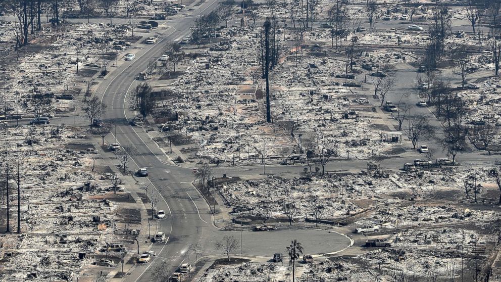 PHOTO: An aerial view of homes that were destroyed by the Tubbs Fire, Oct. 11, 2017 in Santa Rosa, Calif. 