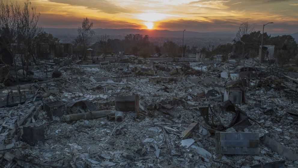 The ruins of houses destroyed by the Tubbs Fire are seen near Fountaingrove Parkway, Oct. 14, 2017 in Santa Rosa, Calif.