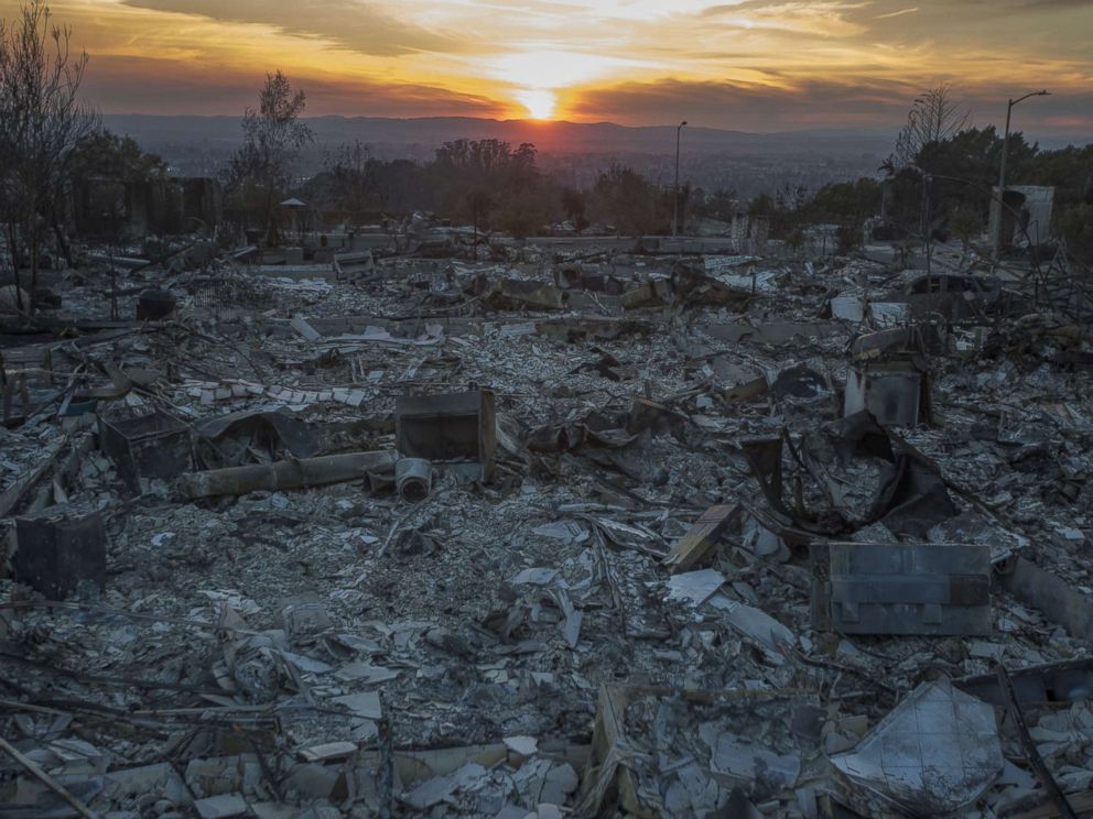 PHOTO: The ruins of houses destroyed by the Tubbs Fire are seen near Fountaingrove Parkway, Oct. 14, 2017 in Santa Rosa, Calif.