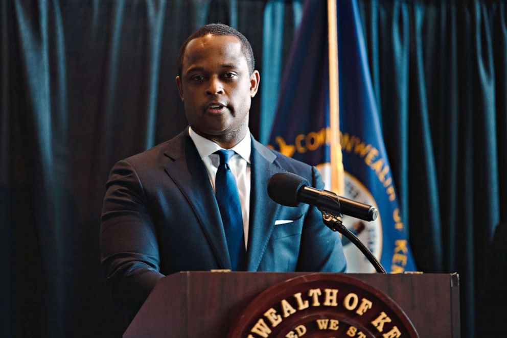 PHOTO: Attorney General Daniel Cameron speaks during a press conference to announce a grand jury's decision to indict one of three Louisville Metro Police Department officers involved in the death of Breonna Taylor on Sept. 23, 2020, in Frankfort, Ky.