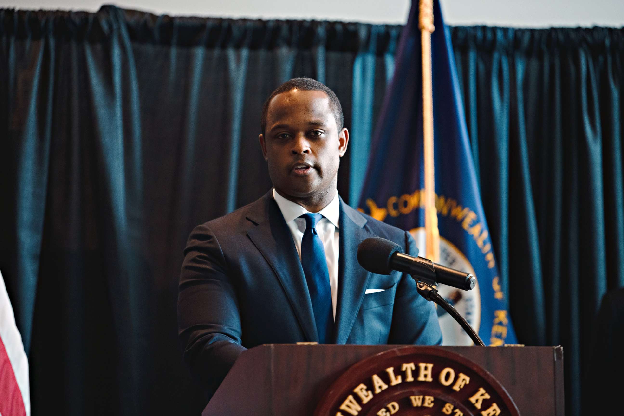 PHOTO: Attorney General Daniel Cameron speaks during a press conference to announce a grand jury's decision to indict one of three Louisville Metro Police Department officers involved in the death of Breonna Taylor on Sept. 23, 2020, in Frankfort, Ky.