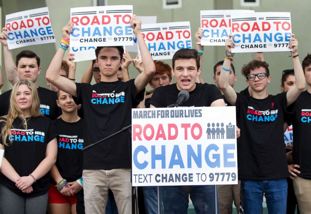 PHOTO: Cameron Kasky, center, speaks during a news conference, June 4, 2018, in Parkland, Fla.