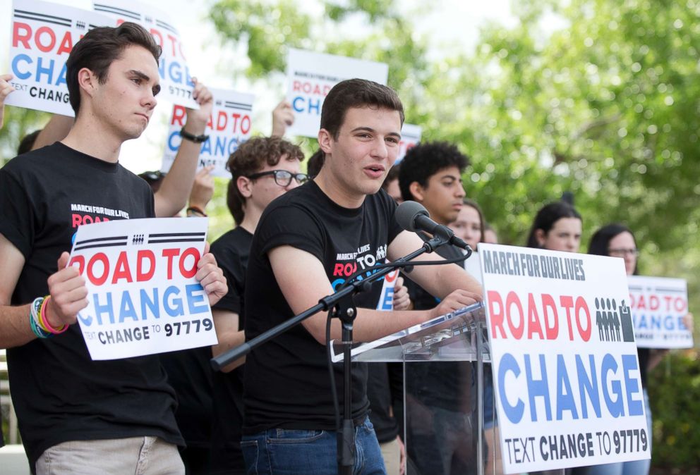 PHOTO: Cameron Kasky, center, speaks during a news conference, June 4, 2018, in Parkland, Fla.