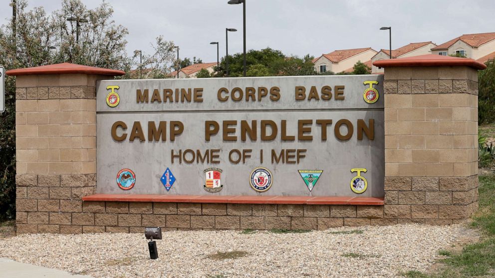 PHOTO: In this Sept. 22, 2015, file photo, the entrance to Marine Corps base Camp Pendleton is shown in Oceanside, Calif.