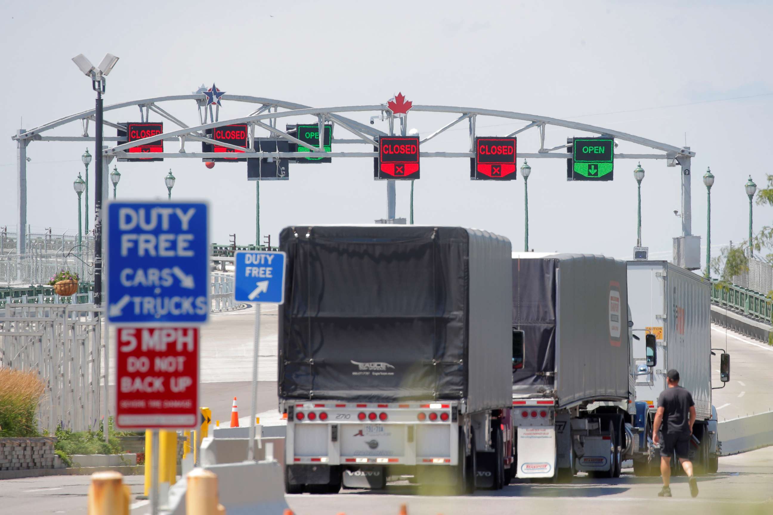 PHOTO: Trucks prepare to cross The Peace Bridge, which runs between Canada and the United States, over the Niagara River in Buffalo, N.Y., July 15, 2020.