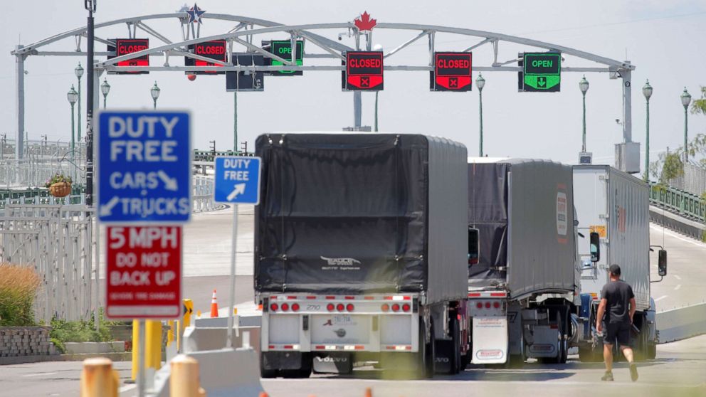 PHOTO: Trucks prepare to cross The Peace Bridge, which runs between Canada and the United States, over the Niagara River in Buffalo, N.Y., July 15, 2020.