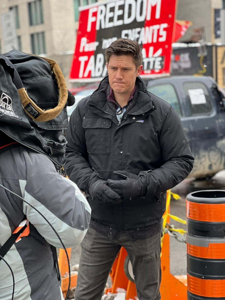 PHOTO: ABC News' Trevor Ault reports from a protest in Ottawa, Canada, where thousands have gathered in tractor trailers to demonstrate against the country's COVID-19 policies.